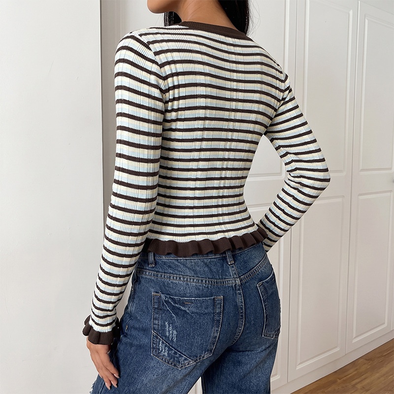Striped Ribbed Knit Ruffle Hem Long Sleeve Top