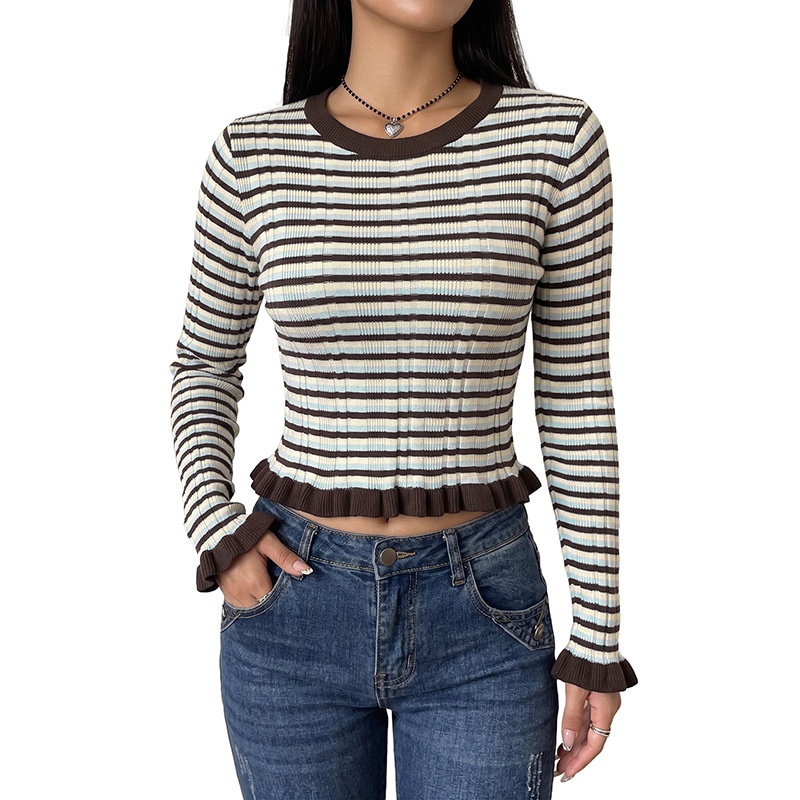 Striped Ribbed Knit Ruffle Hem Long Sleeve Top