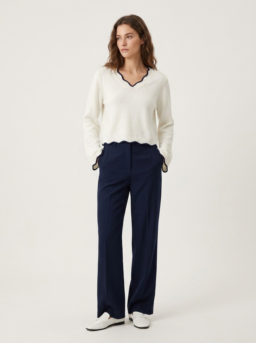 Contrast Trim Scalloped V-Neck Knit Sweater Top