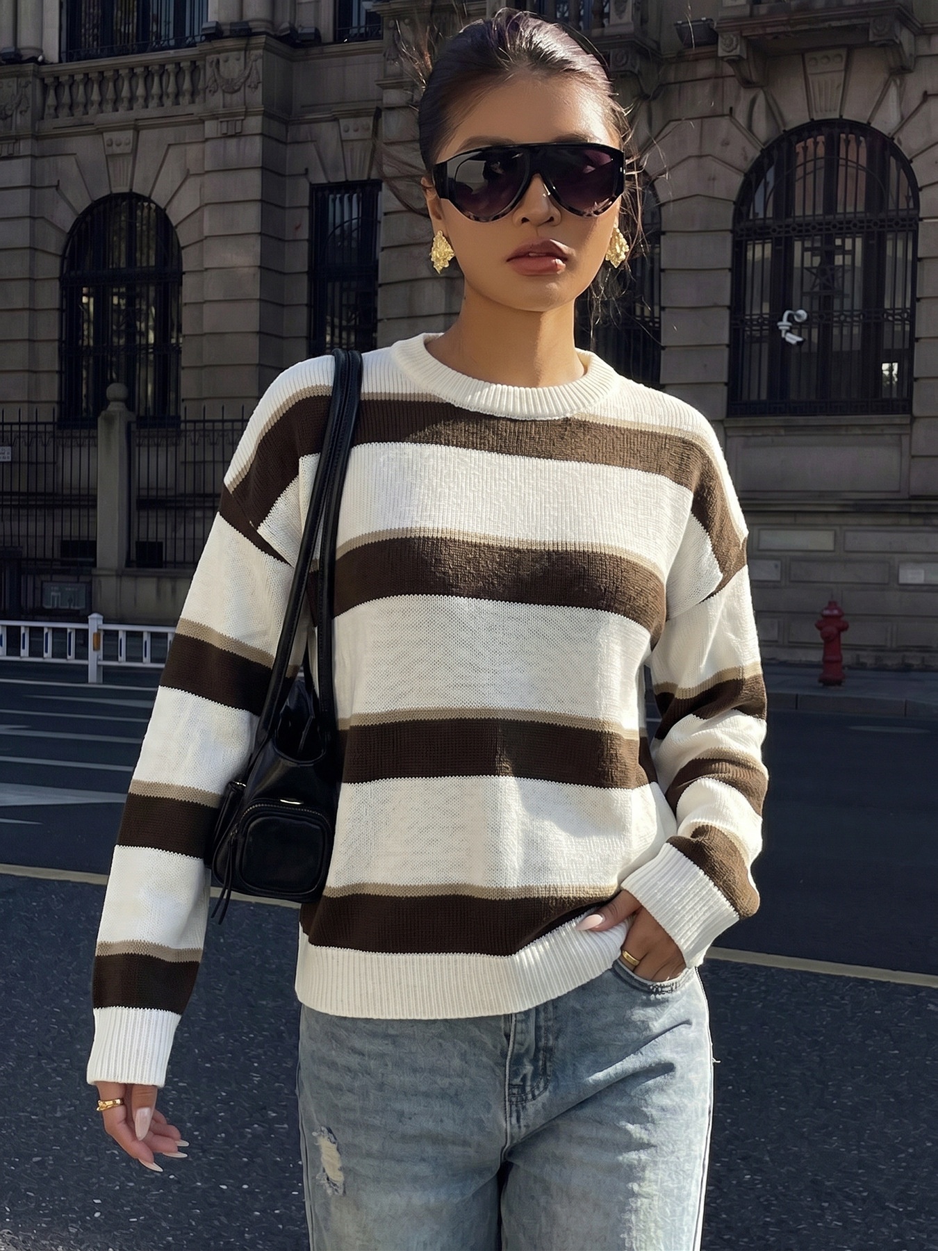 Women's Striped Crewneck Knit Pullover Sweater