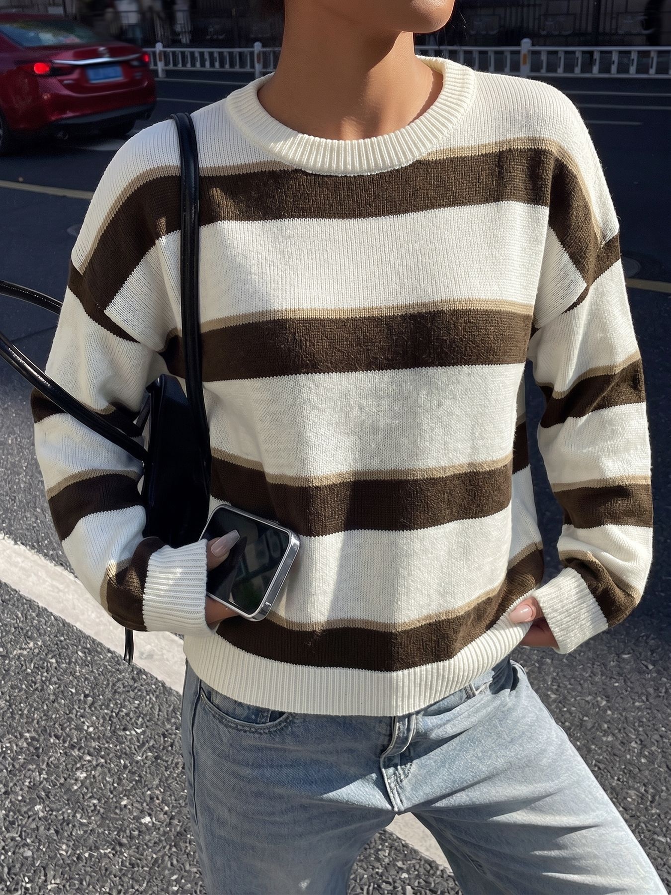 Women's Striped Crewneck Knit Pullover Sweater