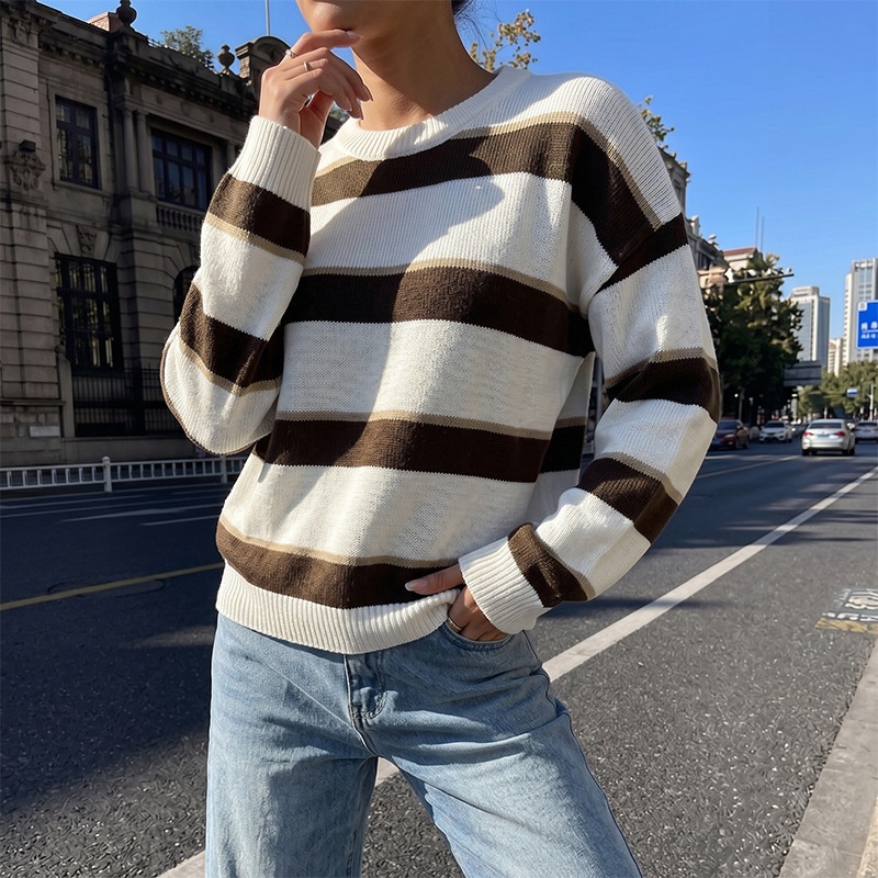 Women's Striped Crewneck Knit Pullover Sweater