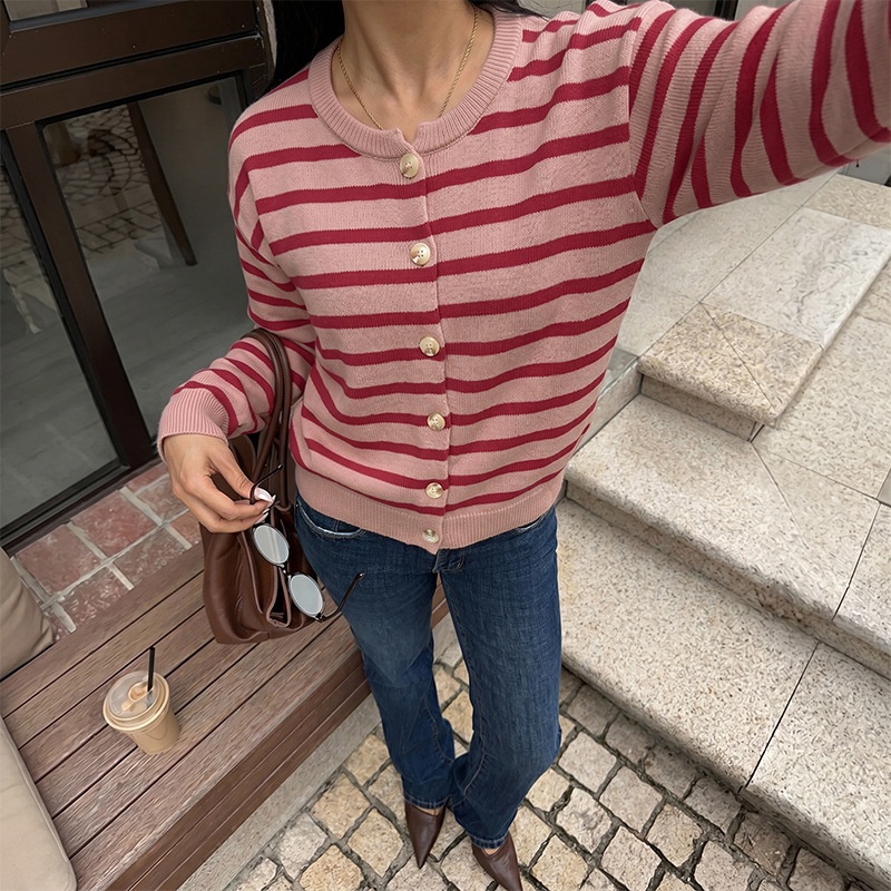 Striped Button-Down Knit Cardigan Sweater