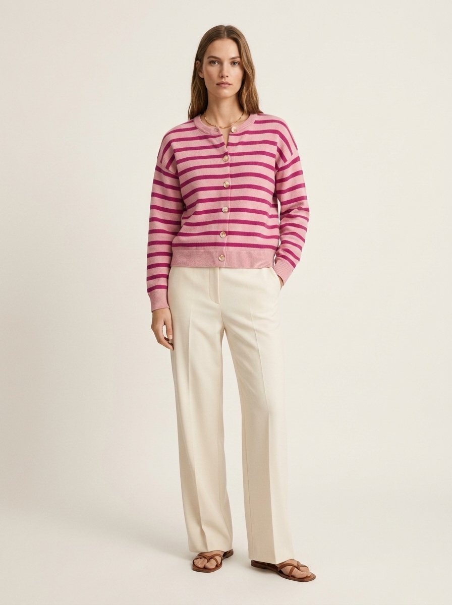 Striped Button-Down Knit Cardigan Sweater