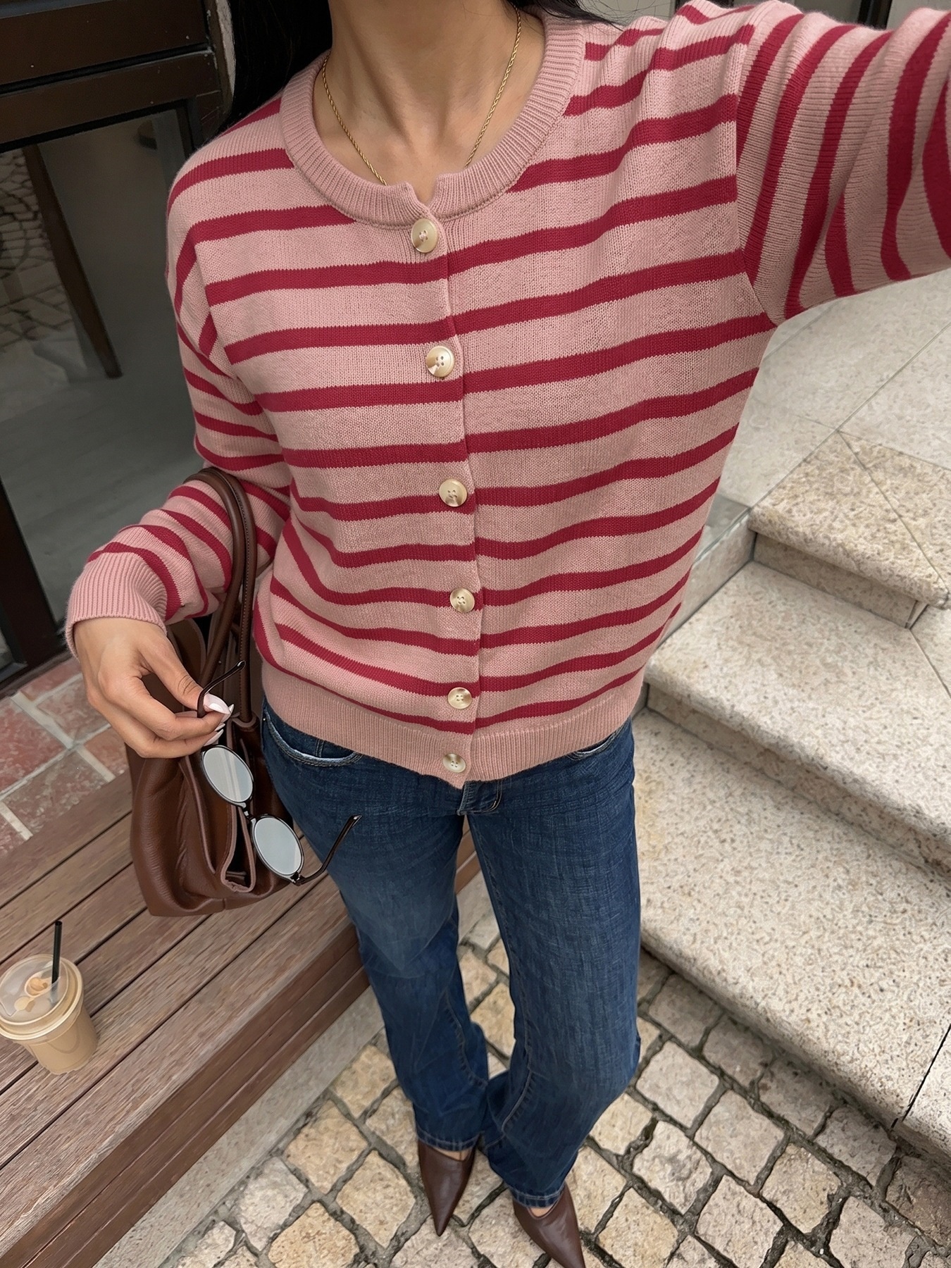 Striped Button-Down Knit Cardigan Sweater