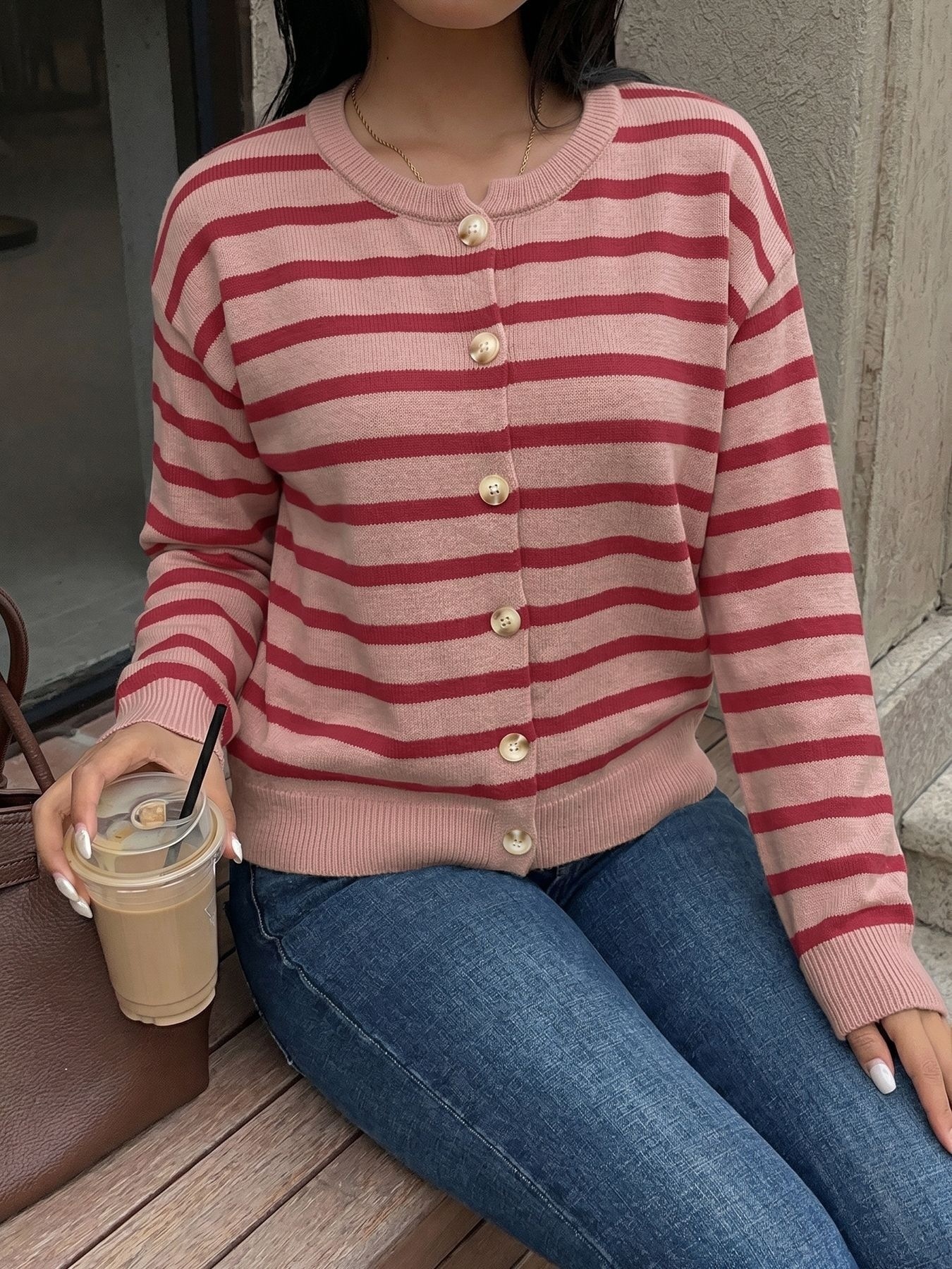 Striped Button-Down Knit Cardigan Sweater