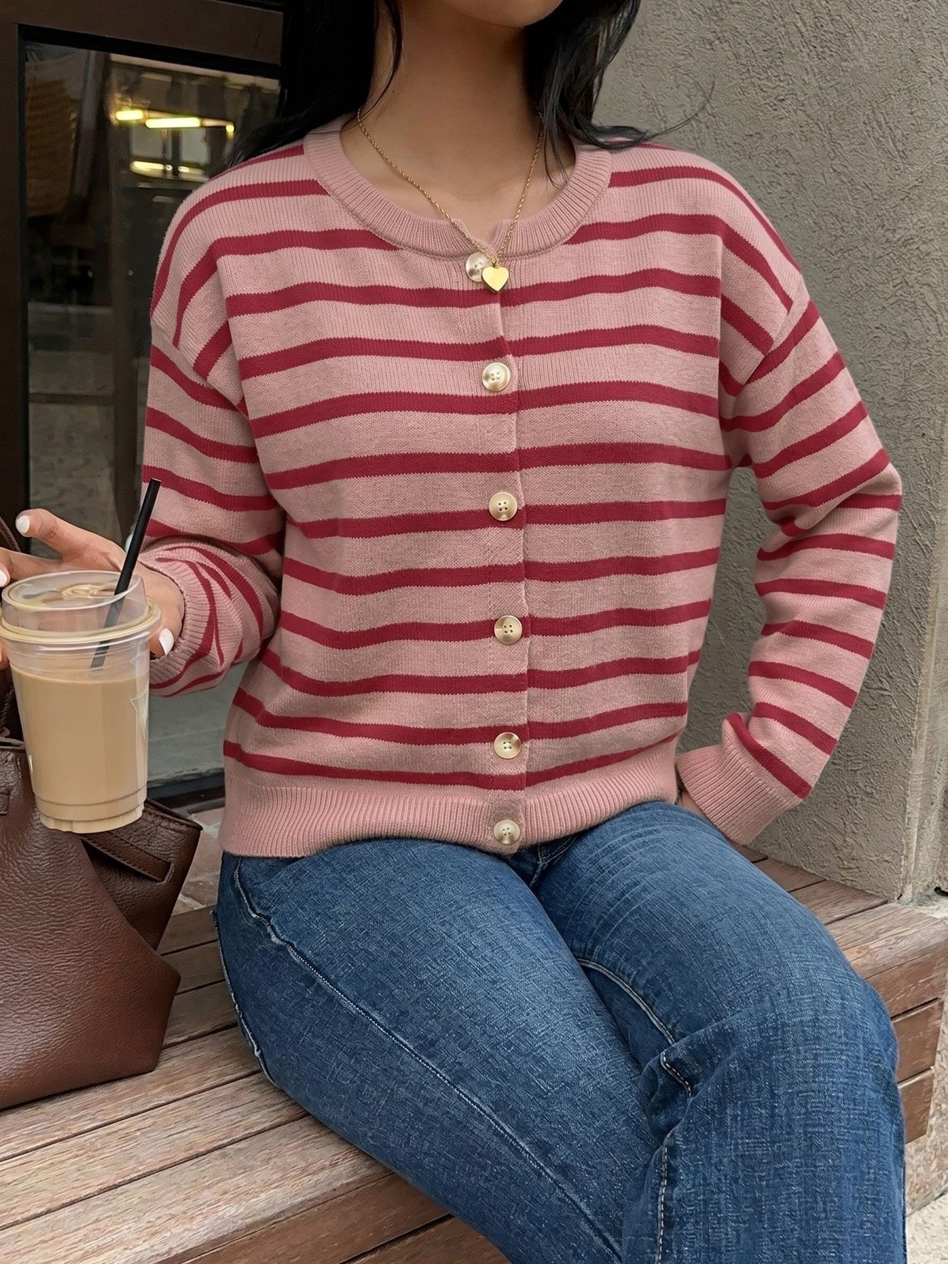 Striped Button-Down Knit Cardigan Sweater