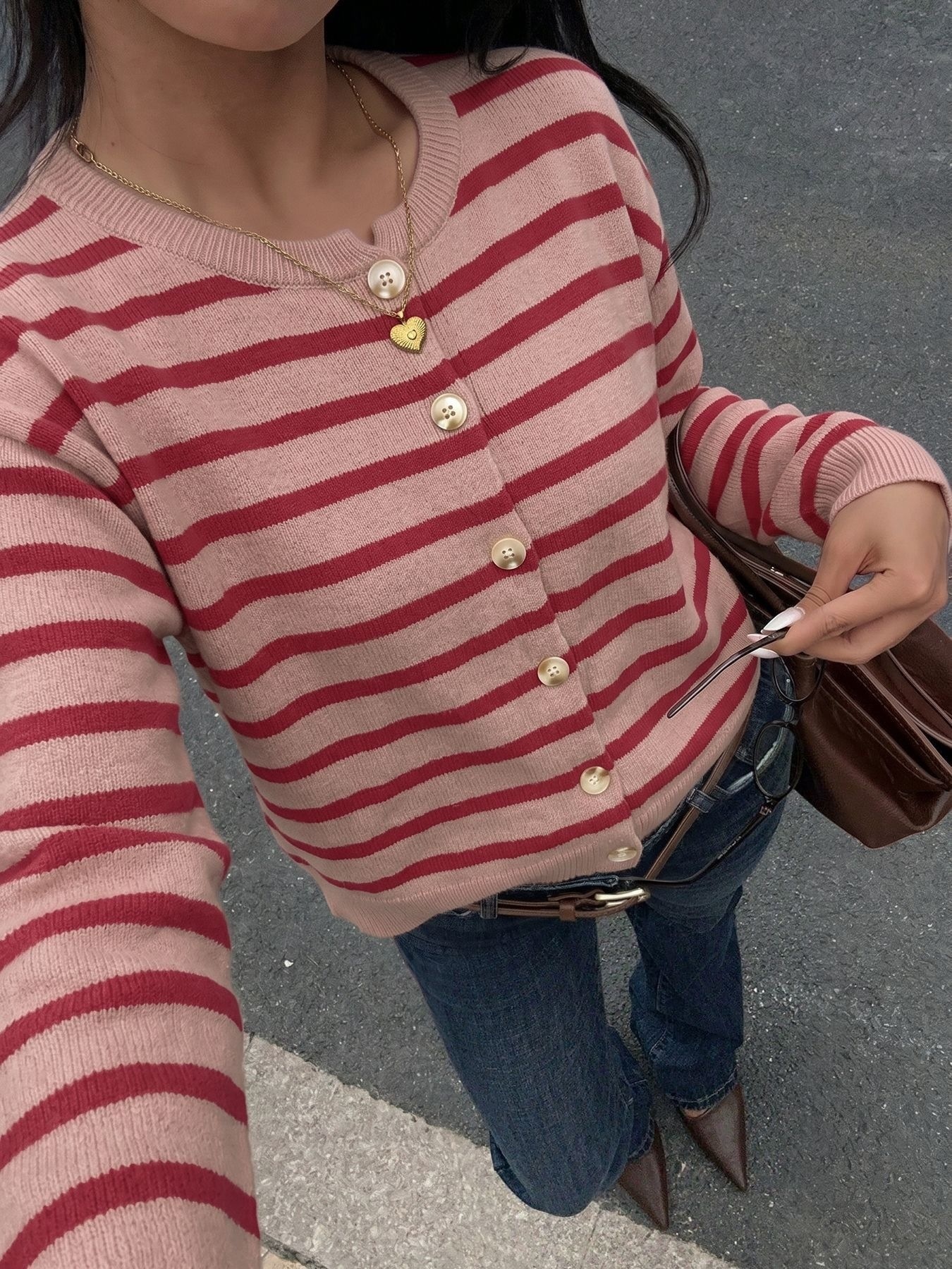 Striped Button-Down Knit Cardigan Sweater