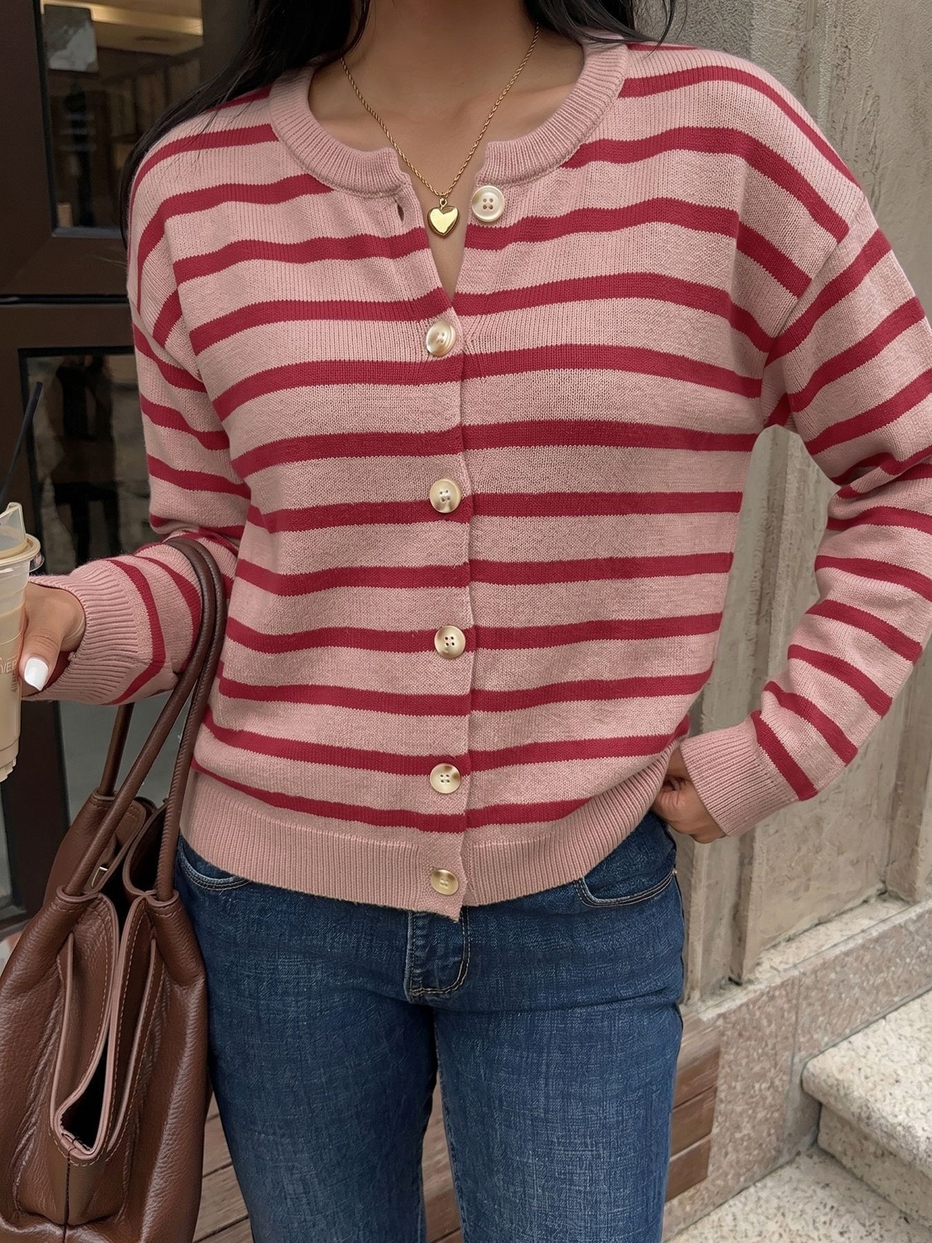 Striped Button-Down Knit Cardigan Sweater