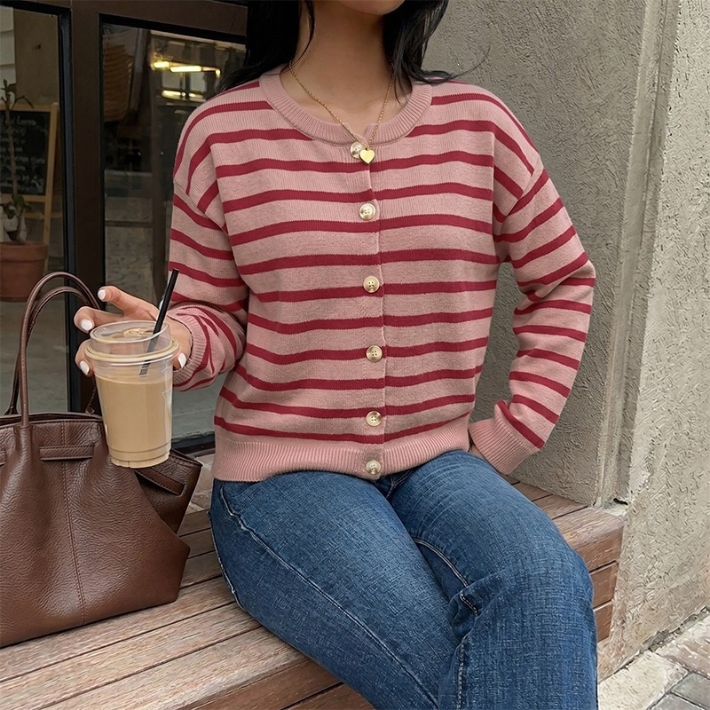 Striped Button-Down Knit Cardigan Sweater
