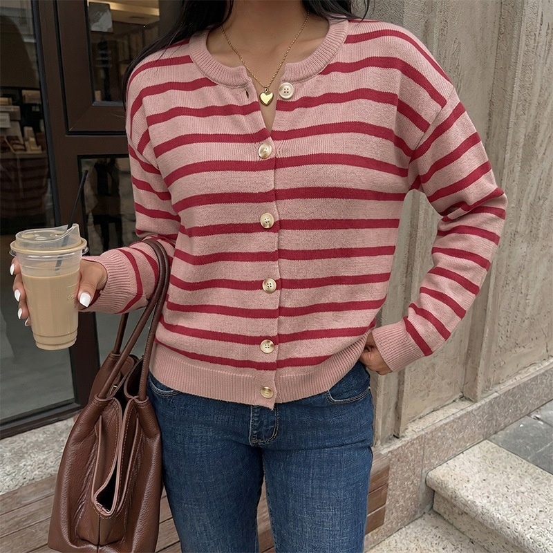 Striped Button-Down Knit Cardigan Sweater