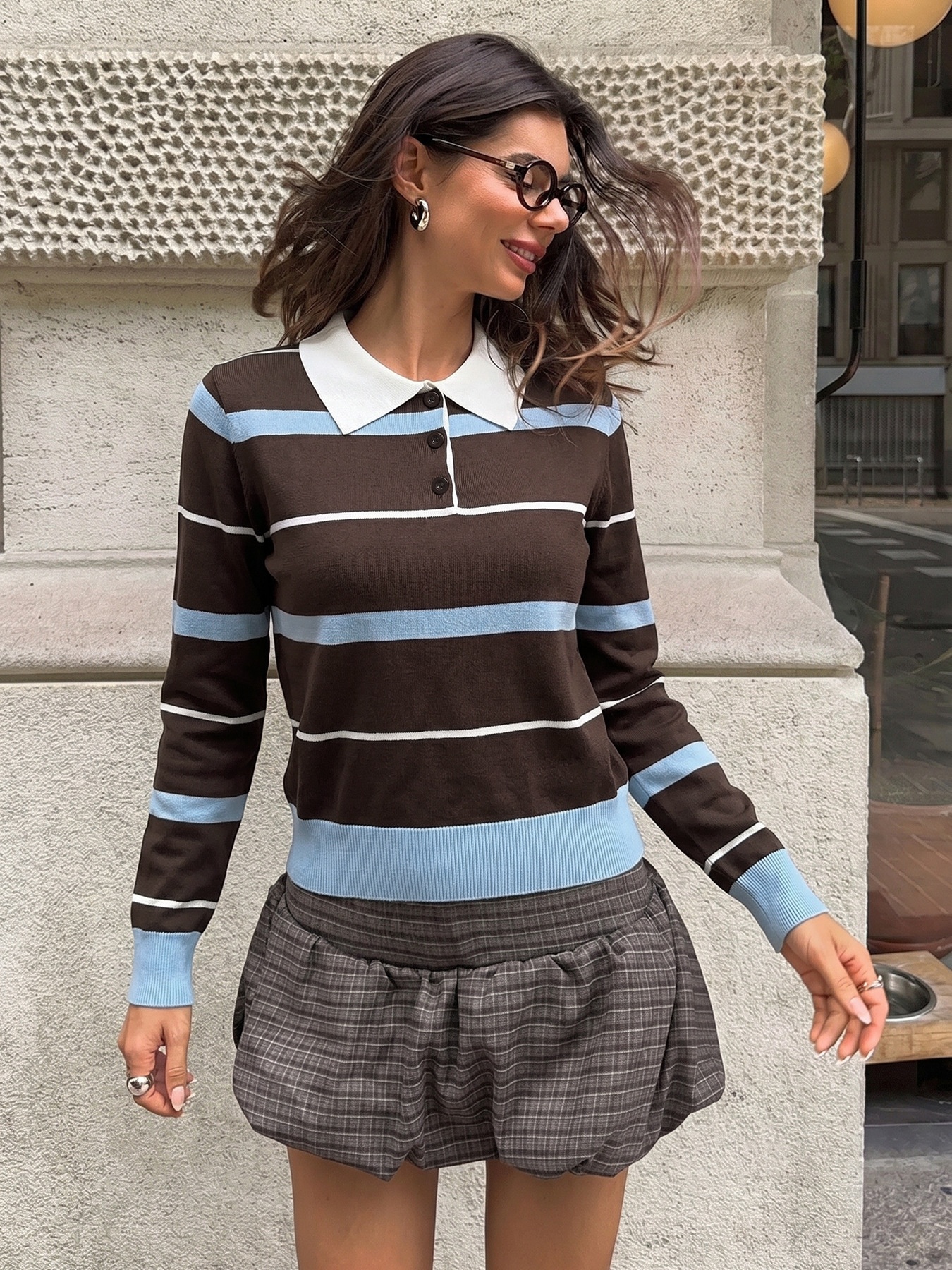 Women's Striped Polo Collar Long Sleeve Knit Sweater