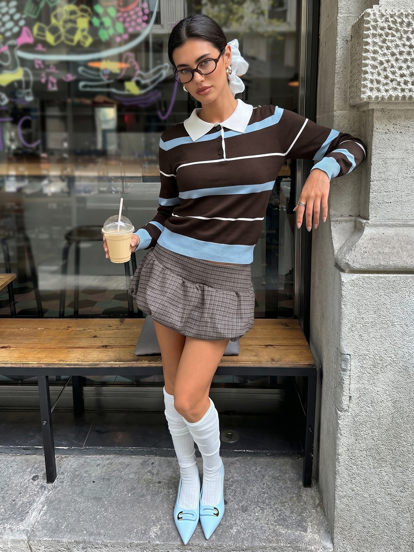 Women's Striped Polo Collar Long Sleeve Knit Sweater