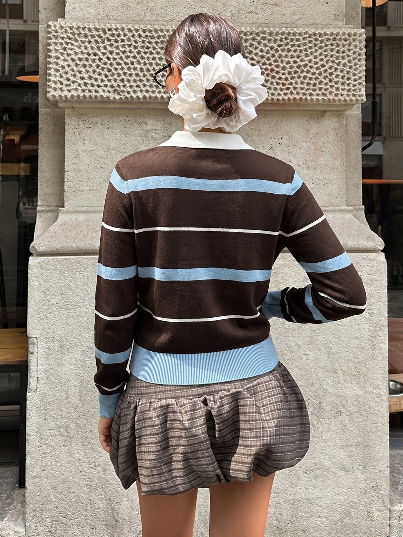 Women's Striped Polo Collar Long Sleeve Knit Sweater