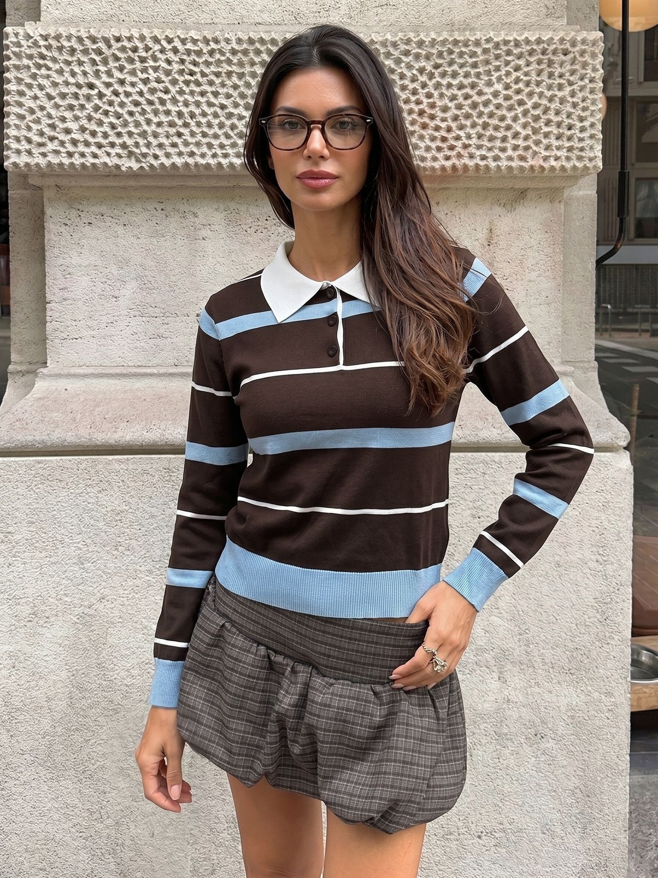 Women's Striped Polo Collar Long Sleeve Knit Sweater