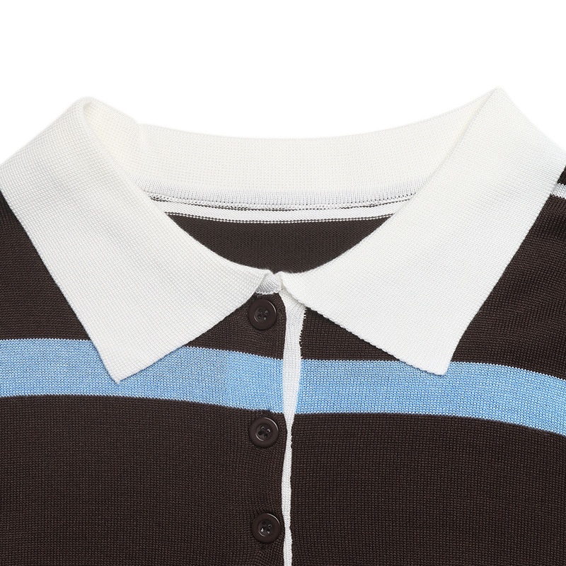 Women's Striped Polo Collar Long Sleeve Knit Sweater