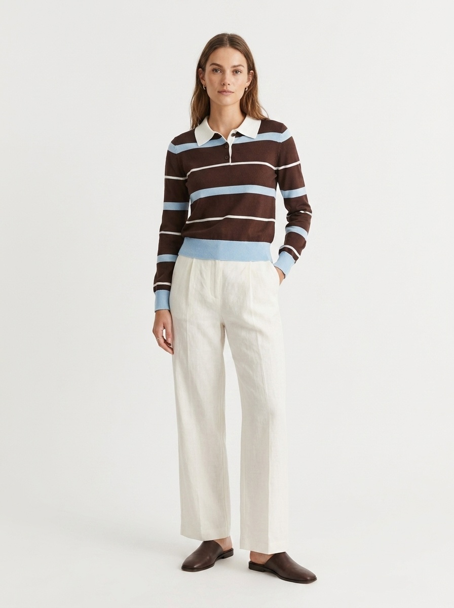 Women's Striped Polo Collar Long Sleeve Knit Sweater