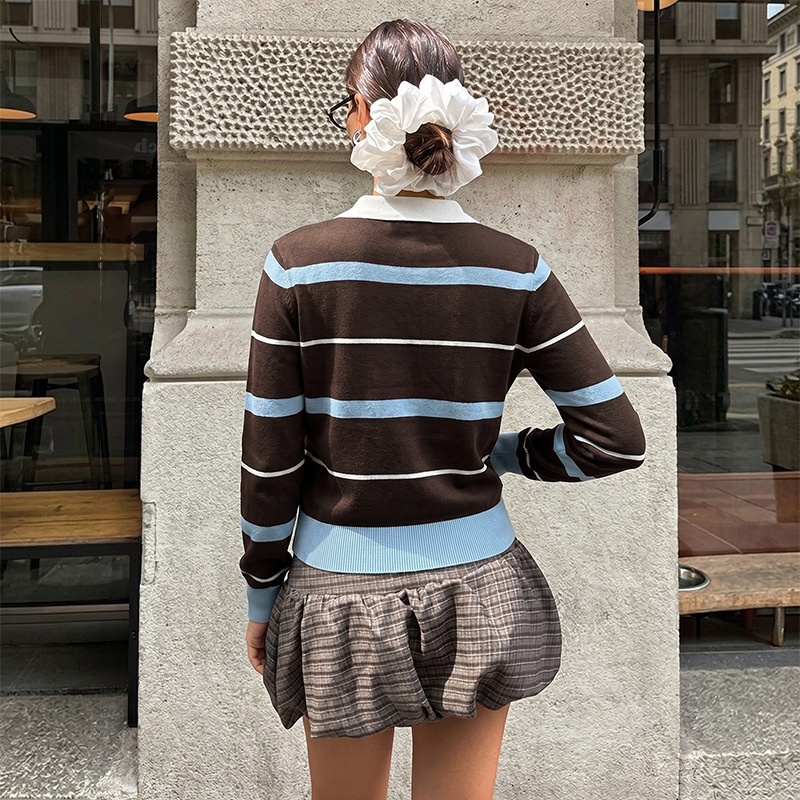 Women's Striped Polo Collar Long Sleeve Knit Sweater