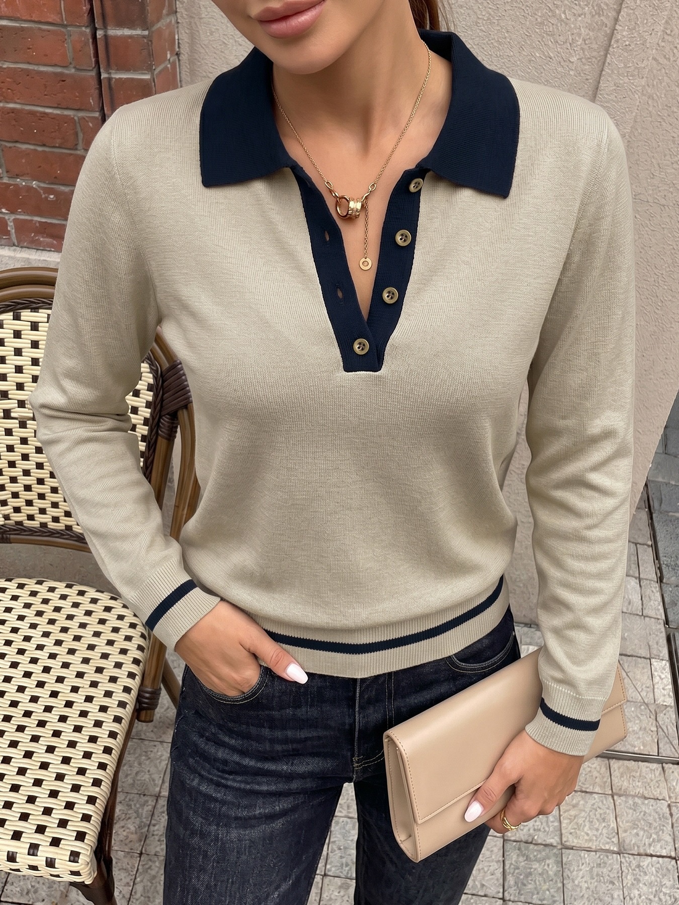 Contrast Collar Long Sleeve Knit Polo Sweater
