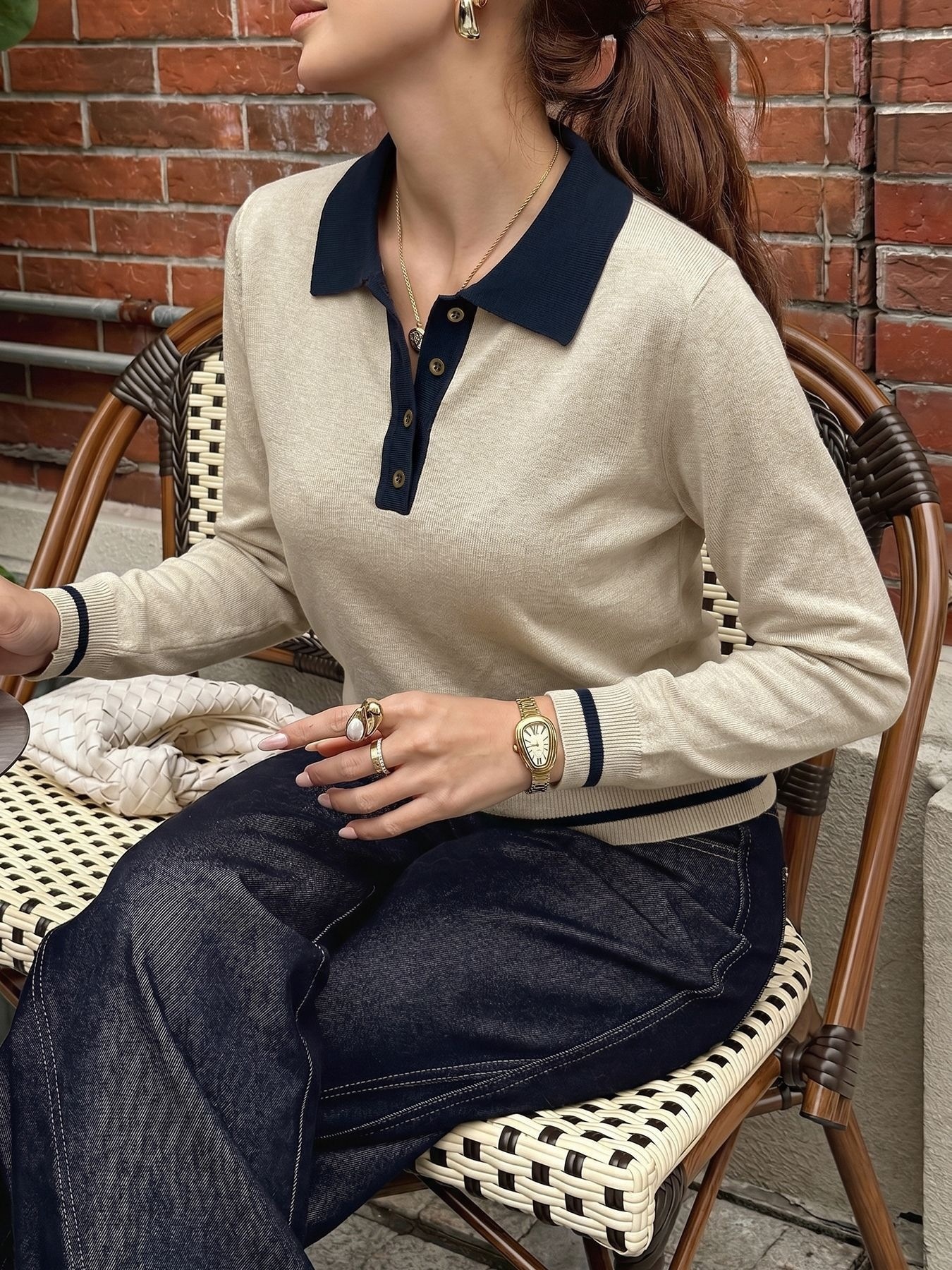 Contrast Collar Long Sleeve Knit Polo Sweater