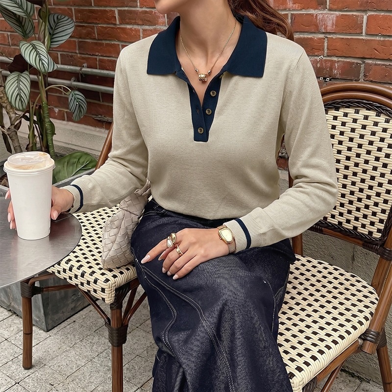 Contrast Collar Long Sleeve Knit Polo Sweater