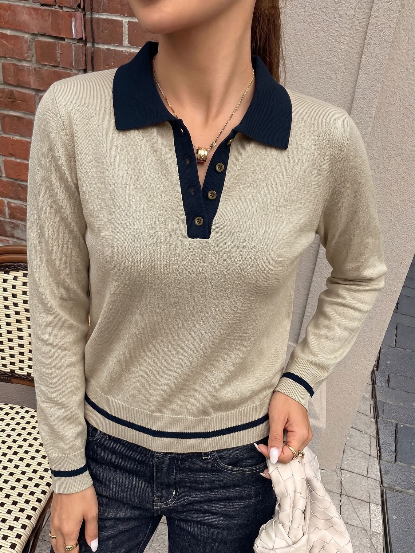 Contrast Collar Long Sleeve Knit Polo Sweater