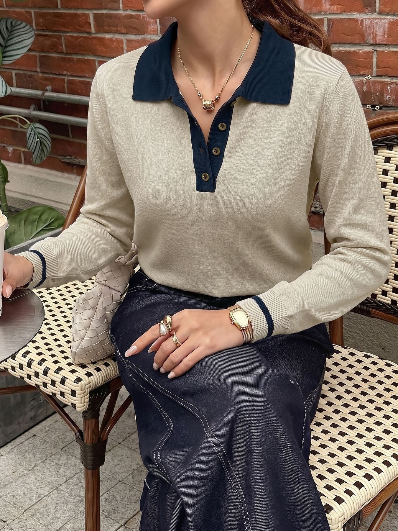 Contrast Collar Long Sleeve Knit Polo Sweater