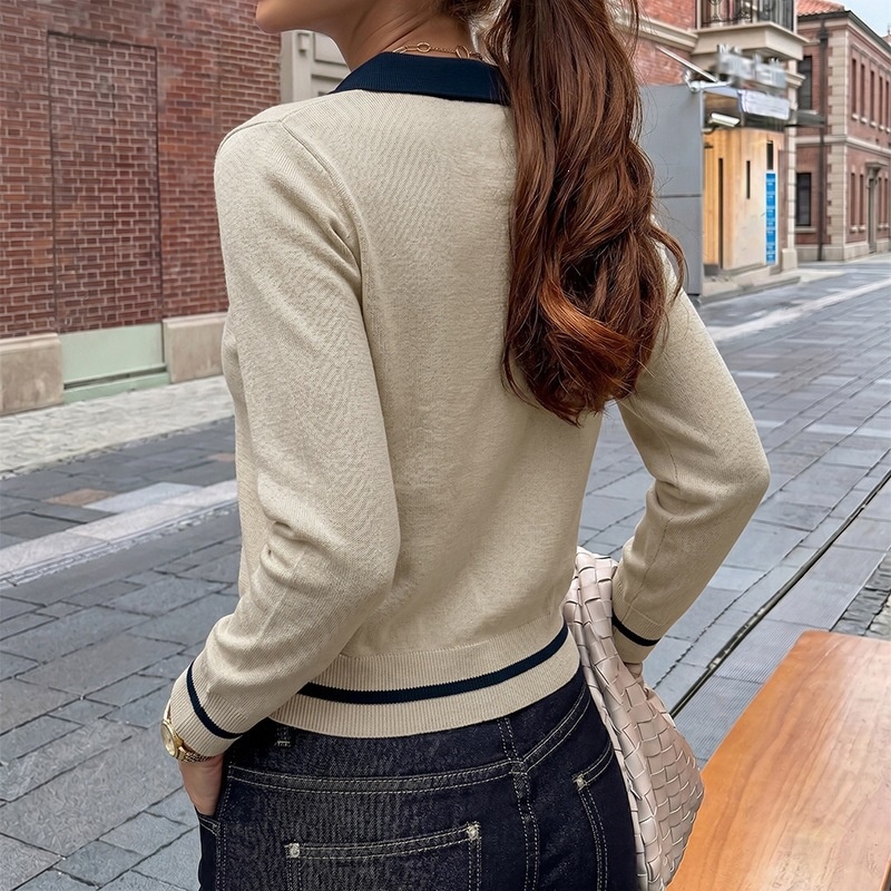 Contrast Collar Long Sleeve Knit Polo Sweater