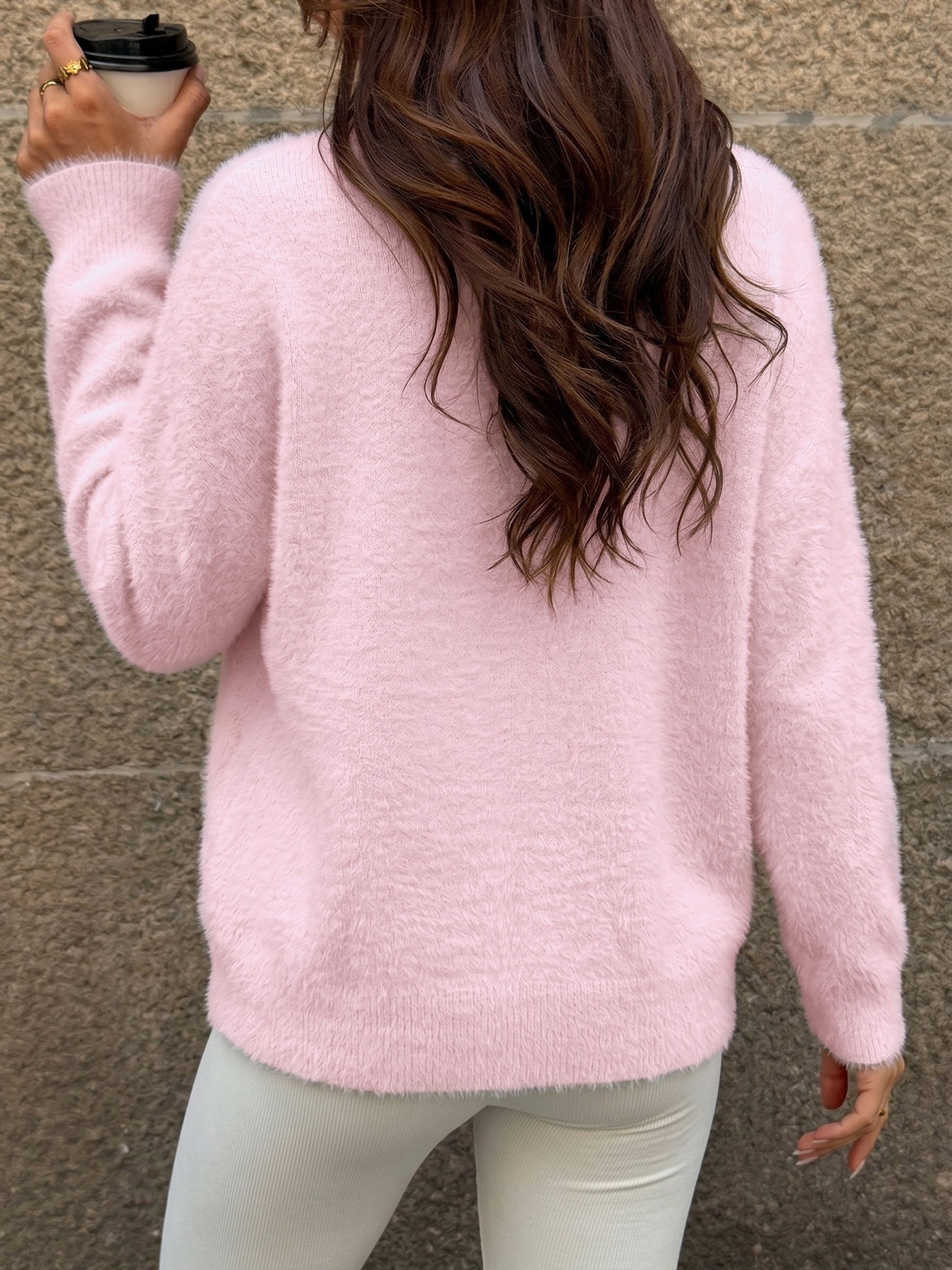 Women's Fuzzy Knit Long Sleeve Pullover Sweater in Pink