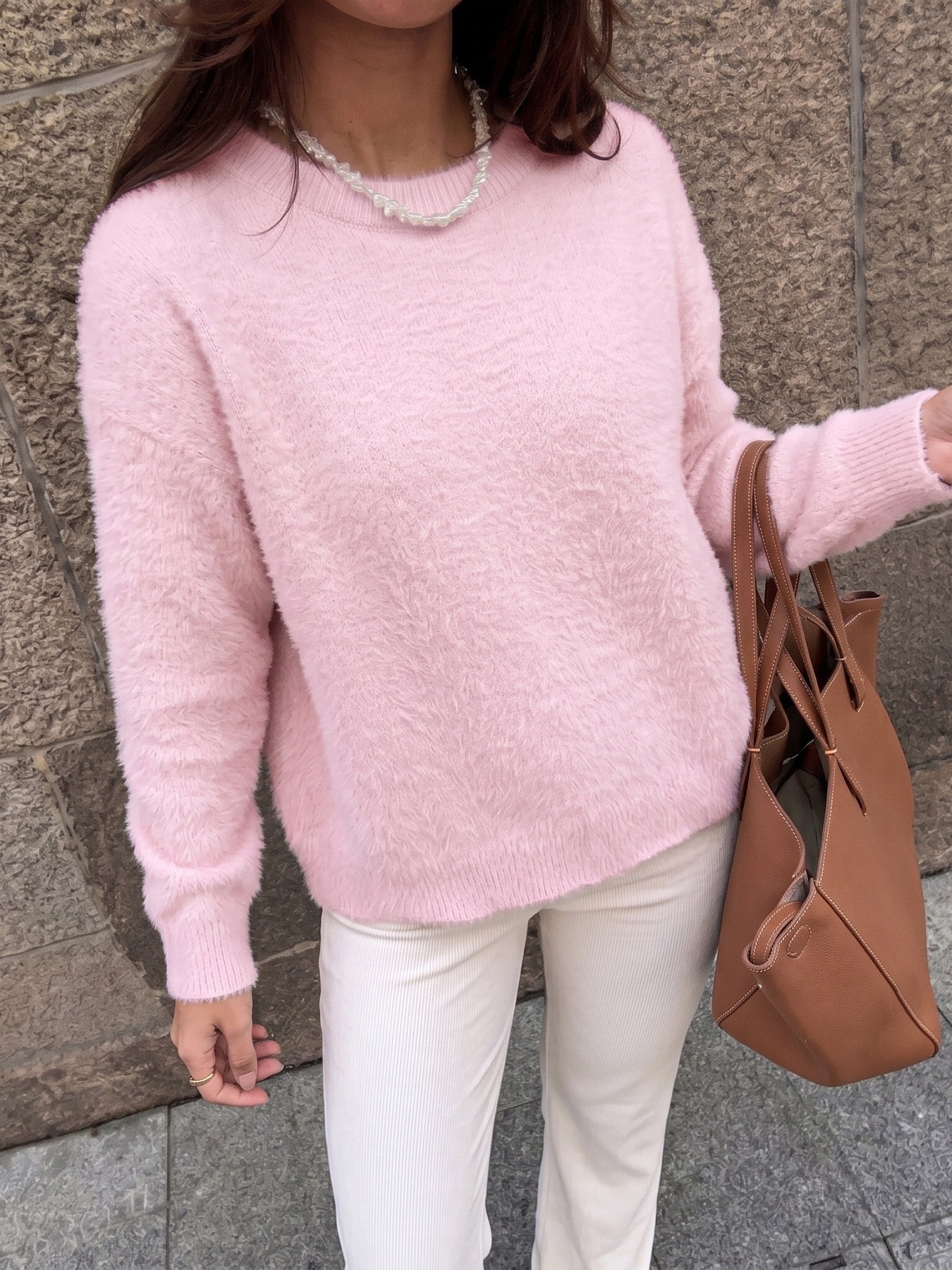 Women's Fuzzy Knit Long Sleeve Pullover Sweater in Pink