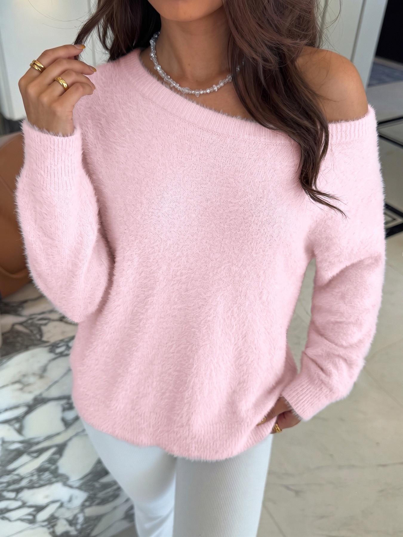 Women's Fuzzy Knit Long Sleeve Pullover Sweater in Pink
