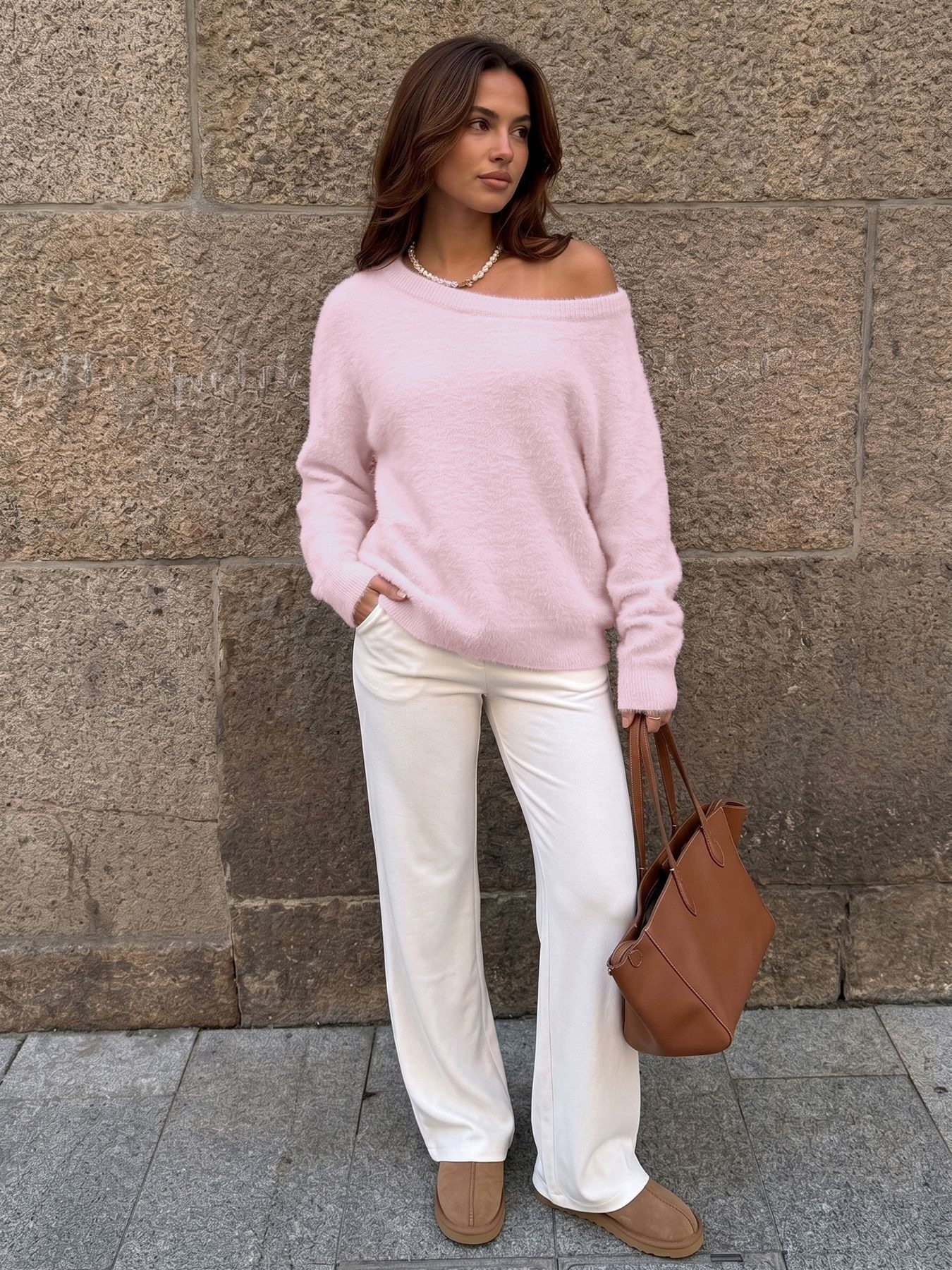 Women's Fuzzy Knit Long Sleeve Pullover Sweater in Pink