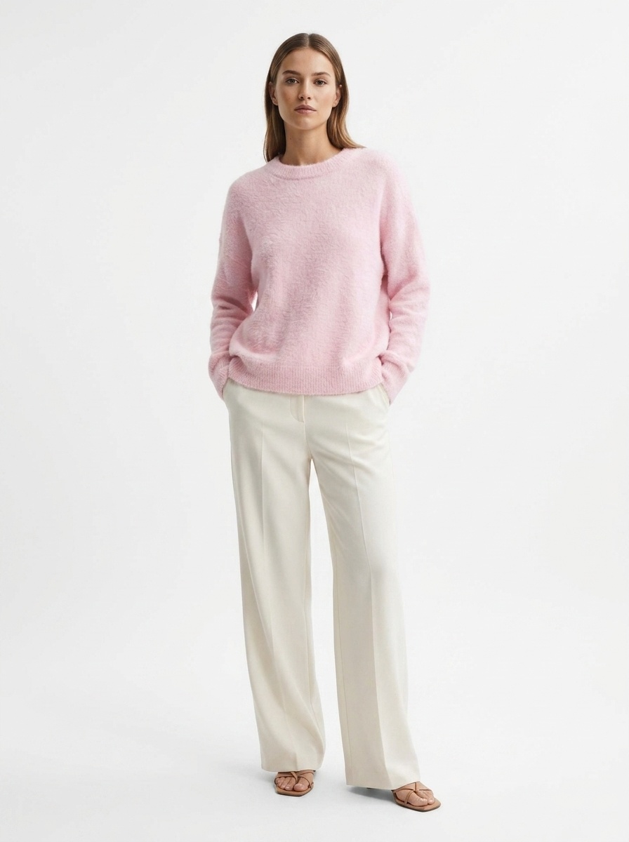 Women's Fuzzy Knit Long Sleeve Pullover Sweater in Pink