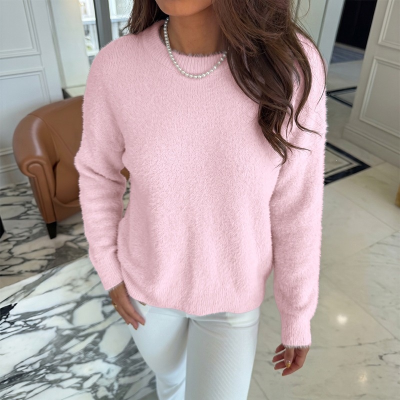 Women's Fuzzy Knit Long Sleeve Pullover Sweater in Pink
