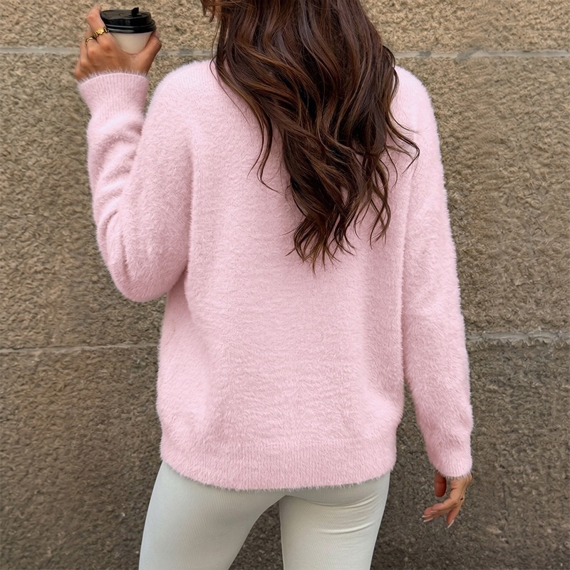 Women's Fuzzy Knit Long Sleeve Pullover Sweater in Pink