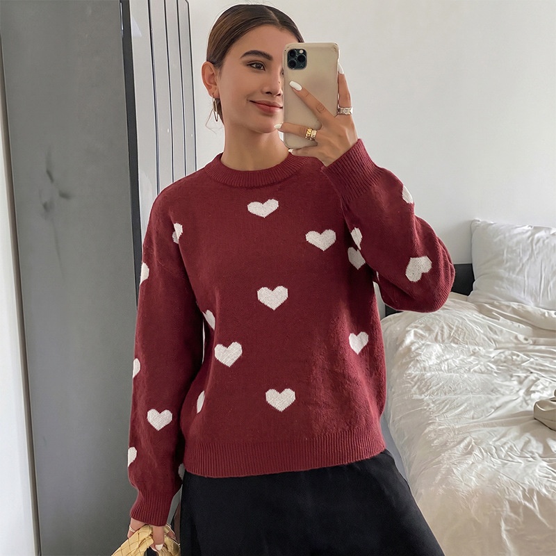 Women's Heart Pattern Knit Crewneck Pullover Sweater