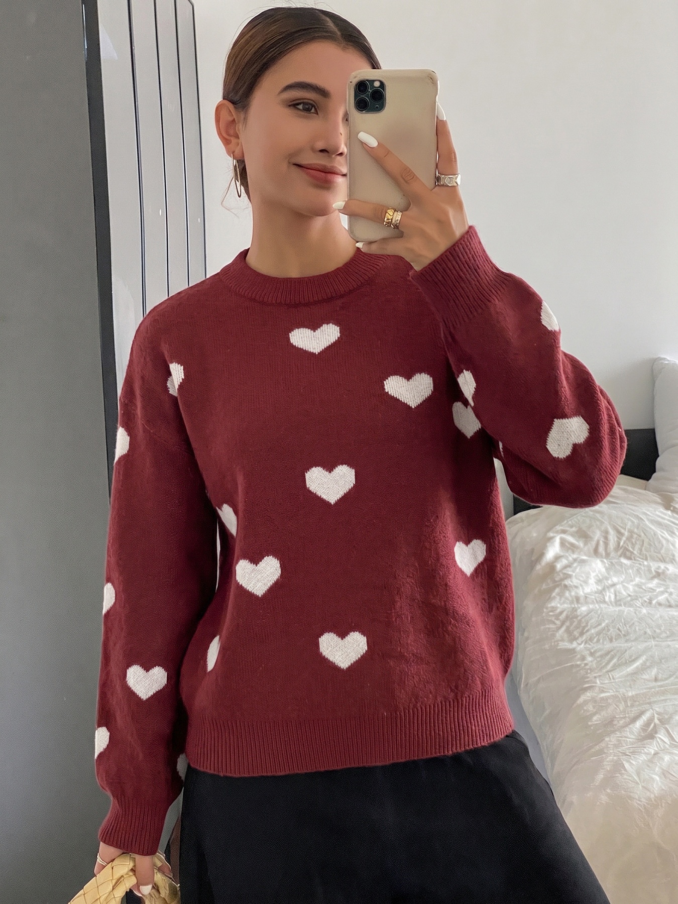 Women's Heart Pattern Knit Crewneck Pullover Sweater