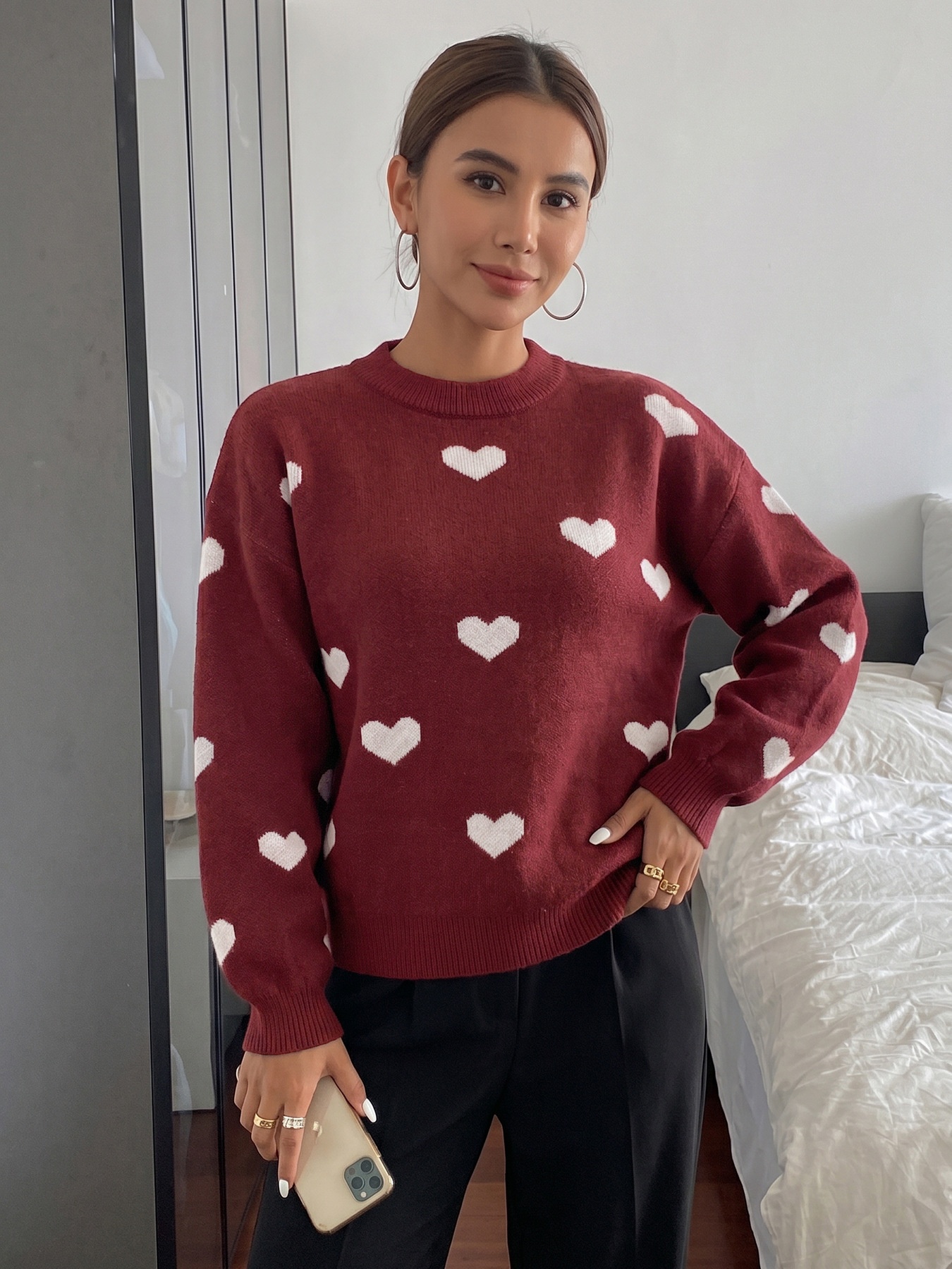 Women's Heart Pattern Knit Crewneck Pullover Sweater
