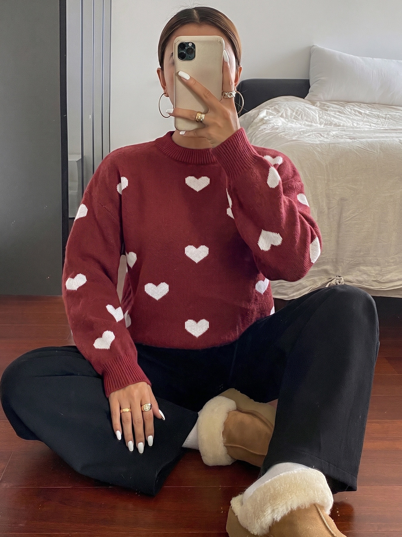 Women's Heart Pattern Knit Crewneck Pullover Sweater