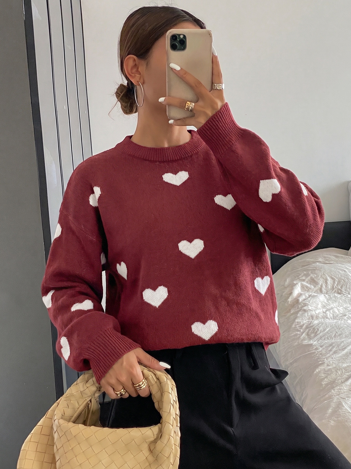 Women's Heart Pattern Knit Crewneck Pullover Sweater