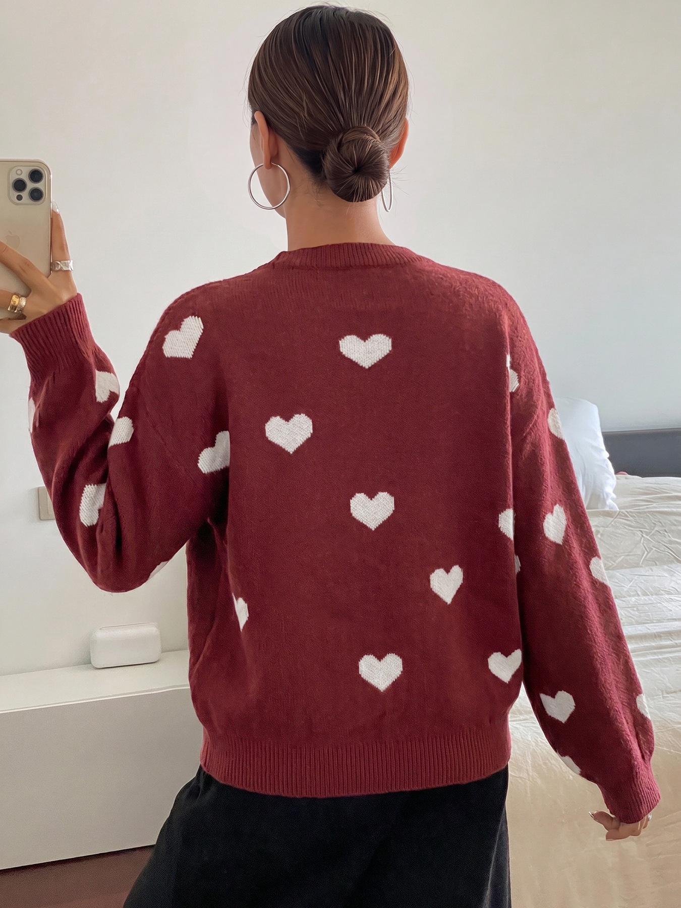Women's Heart Pattern Knit Crewneck Pullover Sweater