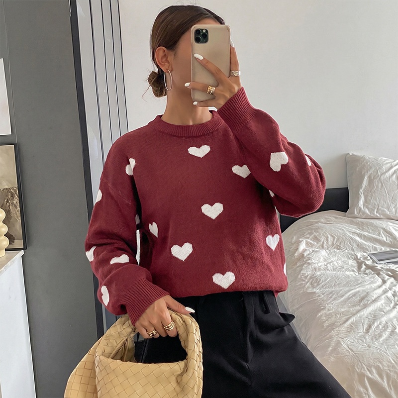 Women's Heart Pattern Knit Crewneck Pullover Sweater