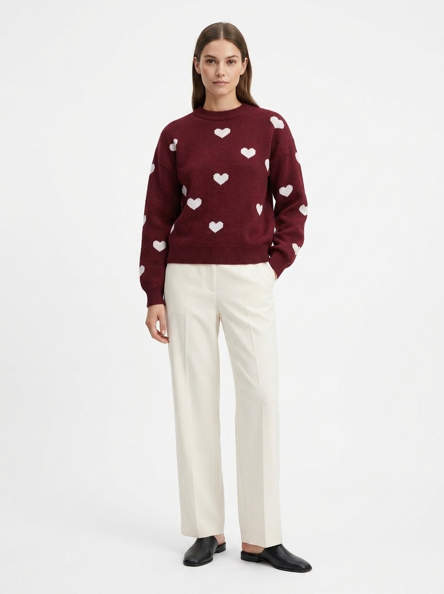 Women's Heart Pattern Knit Crewneck Pullover Sweater