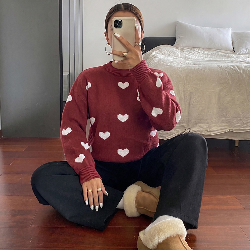 Women's Heart Pattern Knit Crewneck Pullover Sweater
