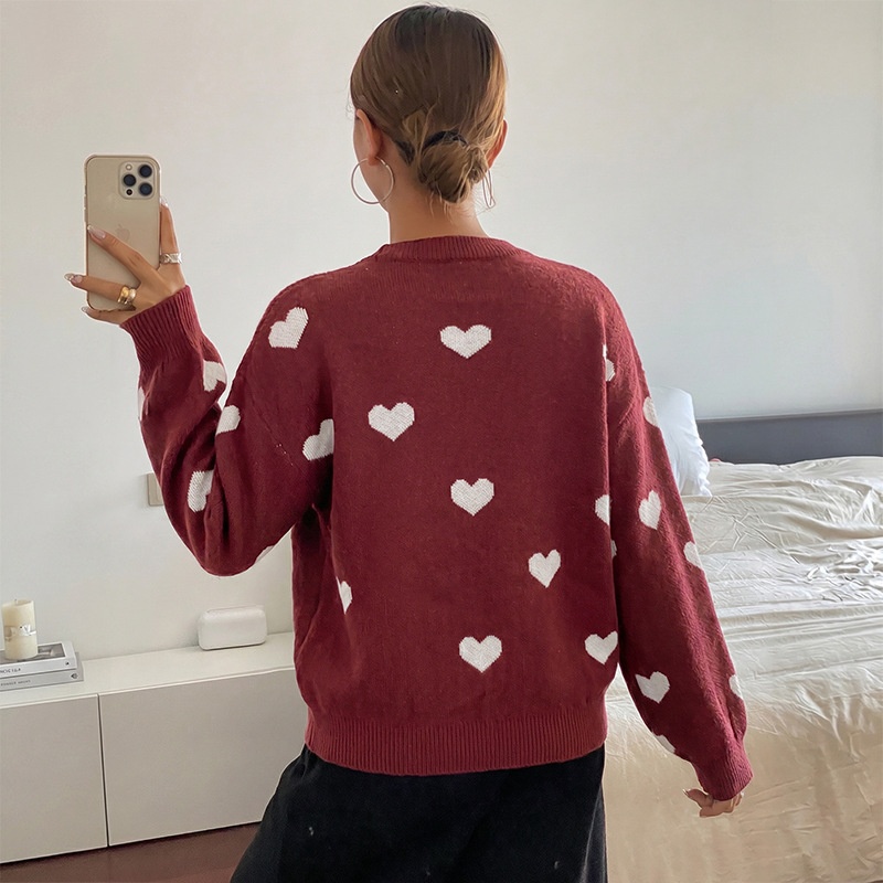 Women's Heart Pattern Knit Crewneck Pullover Sweater