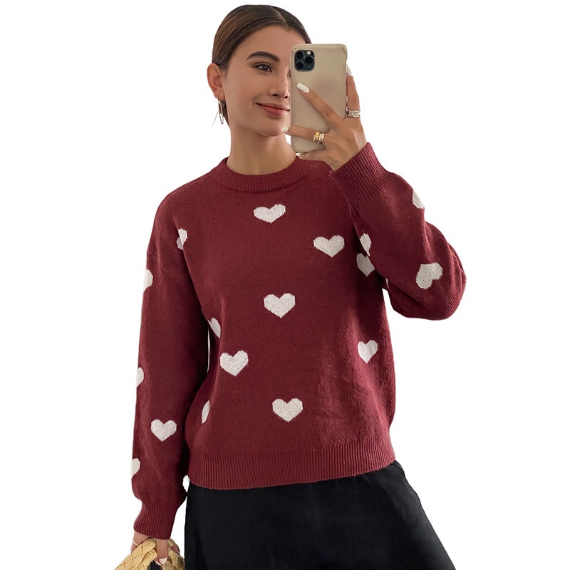 Women's Heart Pattern Knit Crewneck Pullover Sweater