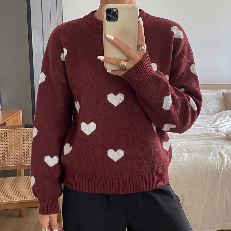 Women's Heart Pattern Knit Crewneck Pullover Sweater