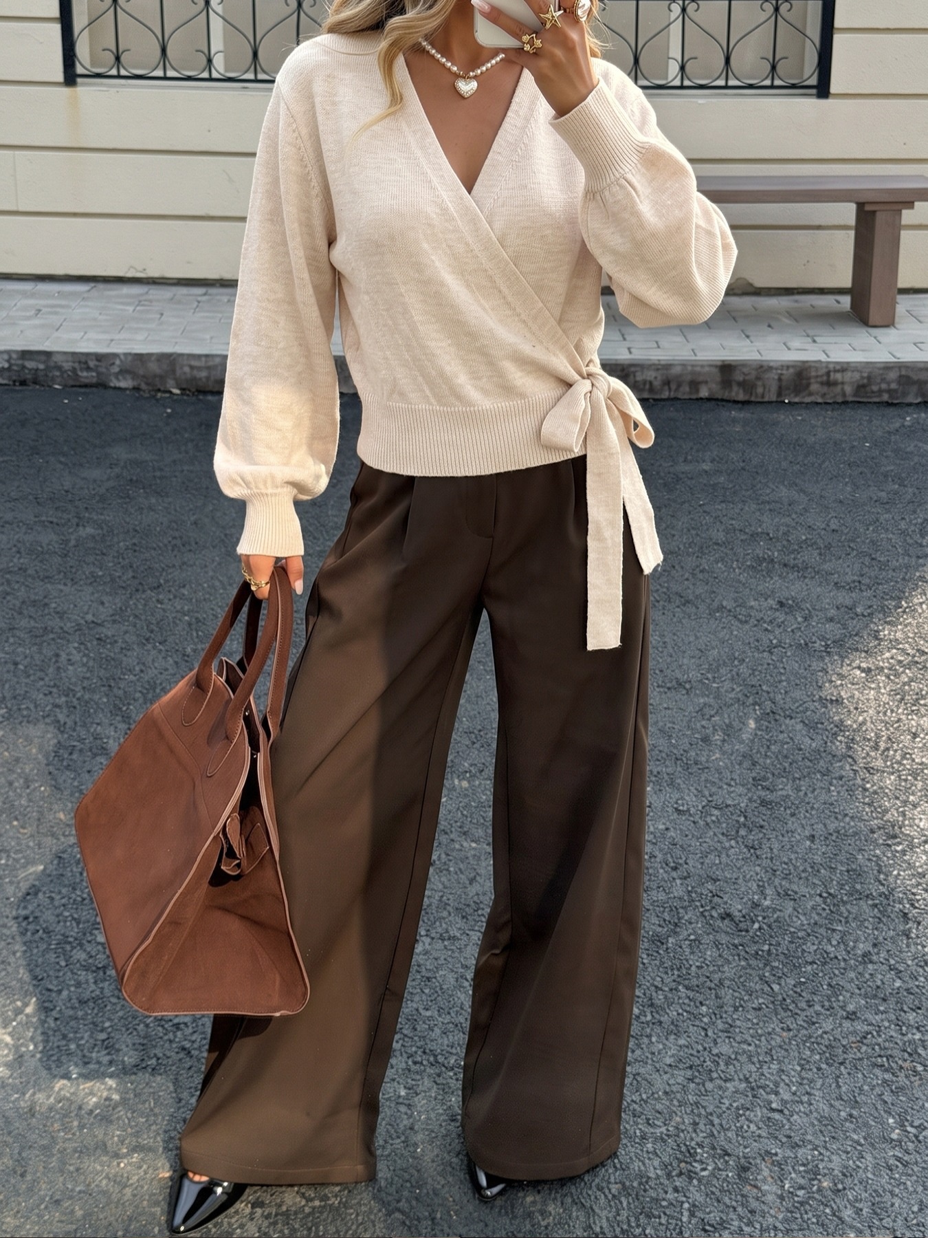 Women's V-Neck Long Sleeve Wrap Knit Sweater