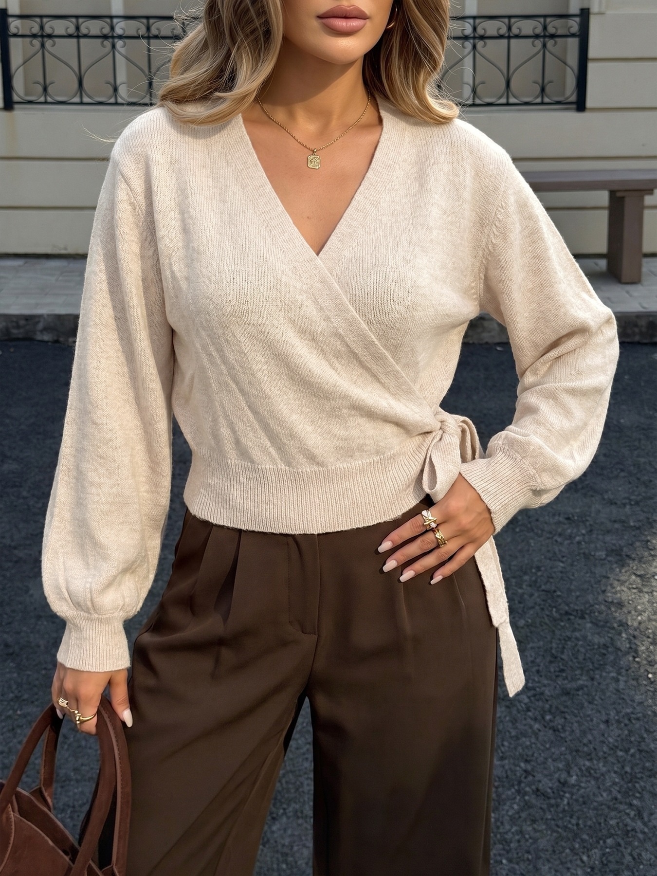 Women's V-Neck Long Sleeve Wrap Knit Sweater