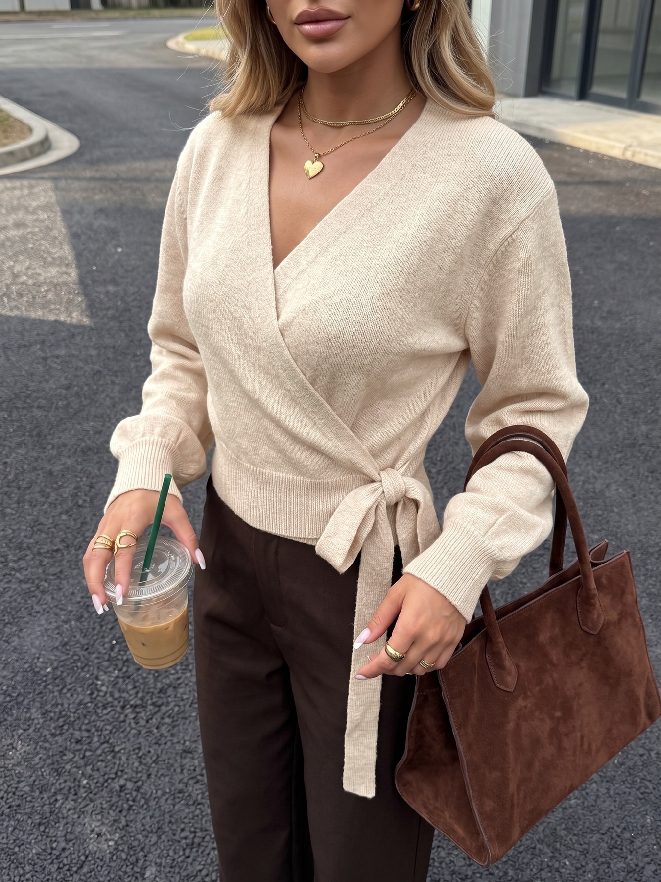 Women's V-Neck Long Sleeve Wrap Knit Sweater